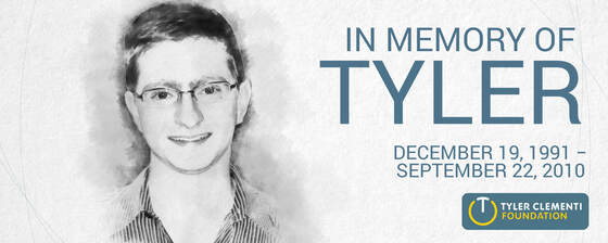 To the left is a black & white photo of our friend Tyler Clementi. On the right is information commemorating his life that tragically ended in 2010. It also includes a logo beneath the info, for the Tyler Clementi Foundation which is a group founded by his family to honor his legacy & teach others to always be kind towards one another.