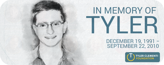 A black & white sketch of our friend Tyler Clementi. On the right is information commemorating his life that tragically ended in 2010. It also includes a logo beneath the info, for the Tyler Clementi Foundation which is a group founded by his family to honor his legacy & teach others to always be kind towards one another.