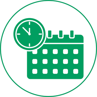 A shamrock green clock on the top of the top left corner of a shamrock green calendar. 