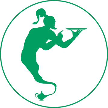 A shamrock green genie coming out of a lamp, serving an open tray.