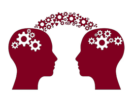This one is a bit funky! It's a clip art photo of two people's opened heads with lots of mechanical gears & arrows coming out of them & pointing towards the other. It's used to signify sharing ideas with others.
