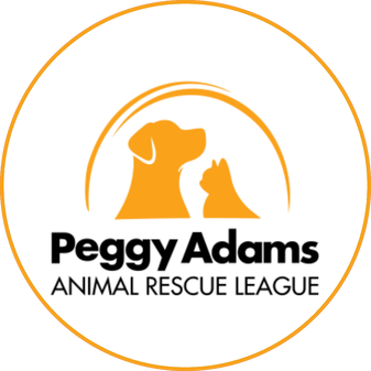 The Peggy Adams Animal Rescue League company logo which is an orange cat on the right & dog on the left that are facing each other with a half circle around them.